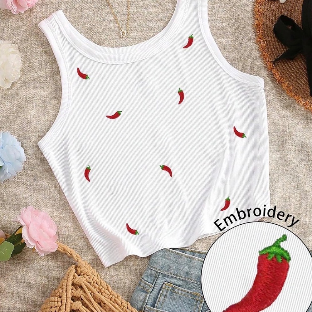 NWT SweatyRocks Chili Pepper Embroidered Ribbed Crop Tank Top White Medium